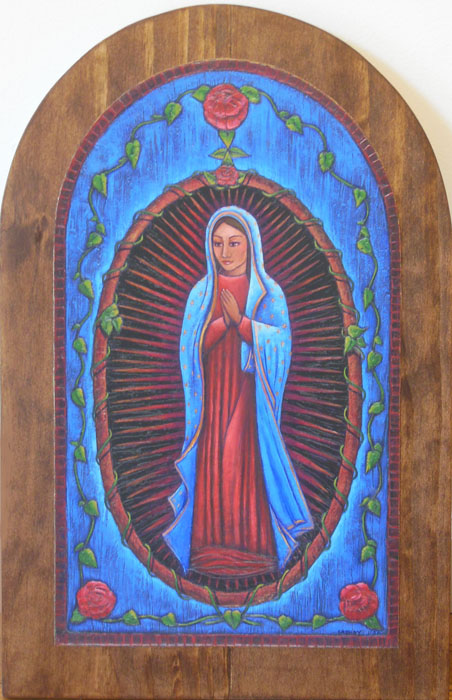 Lady Guadalupe: Love Grows on Wooden Arched Panel
