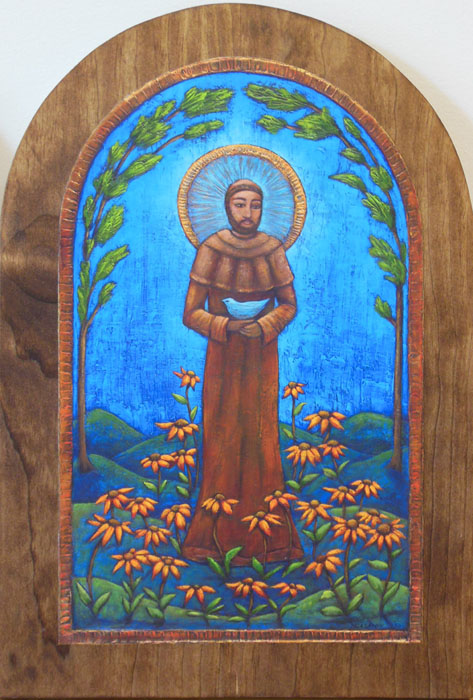 St. Francis & Sunflowers on Wooden Arched Panel by Jane Cassidy
