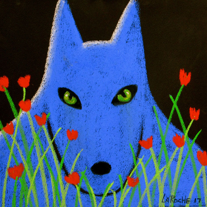 Blue Wolf, Red Flowers by Carole Laroche